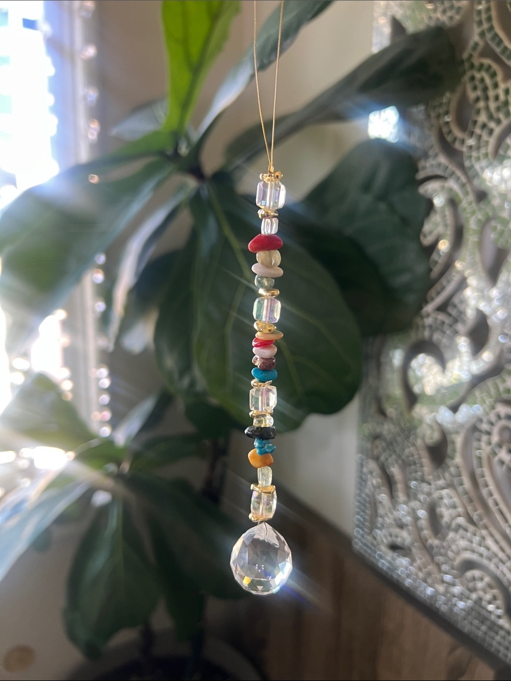 Crystal Bead Hanging Sun Catcher/ Car Ornament with Multicolor Beads